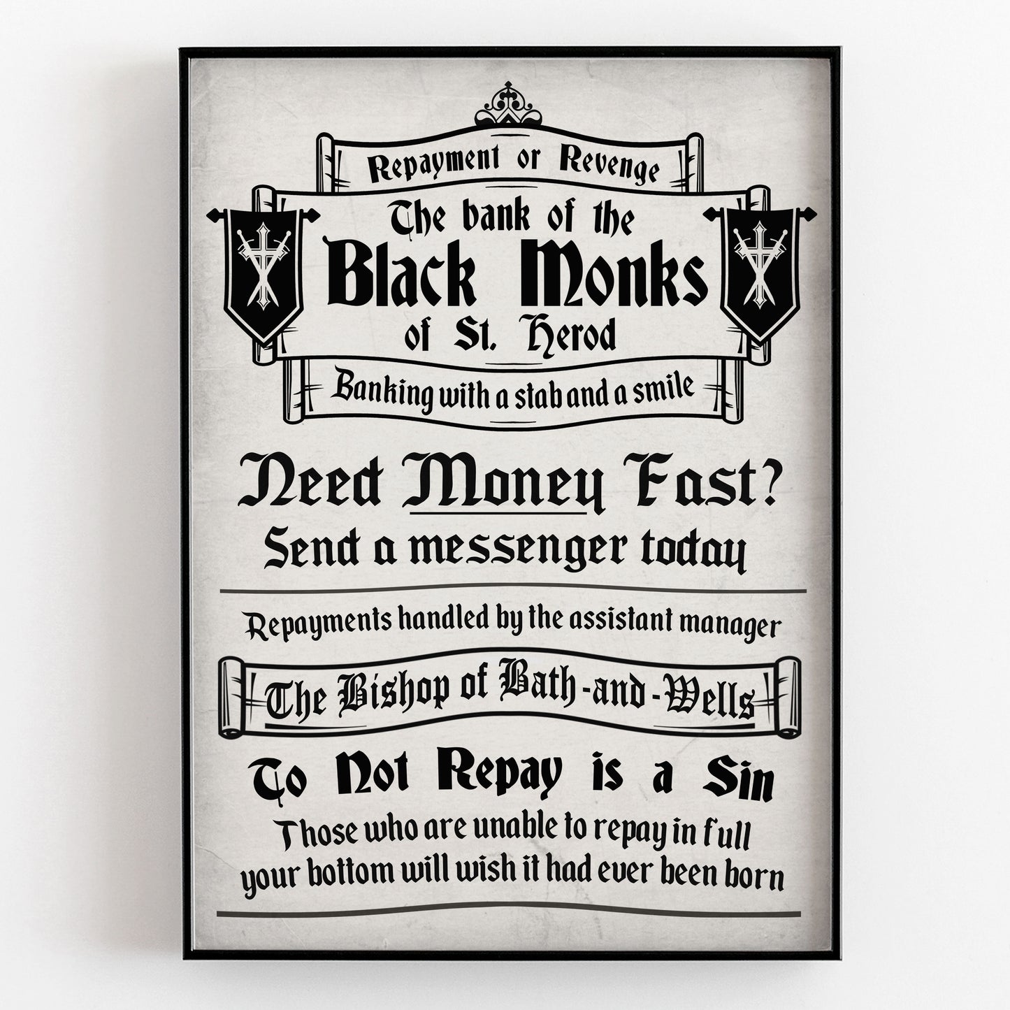 BANK OF THE BLACK MONKS Money Lending Advert, Blackadder Print