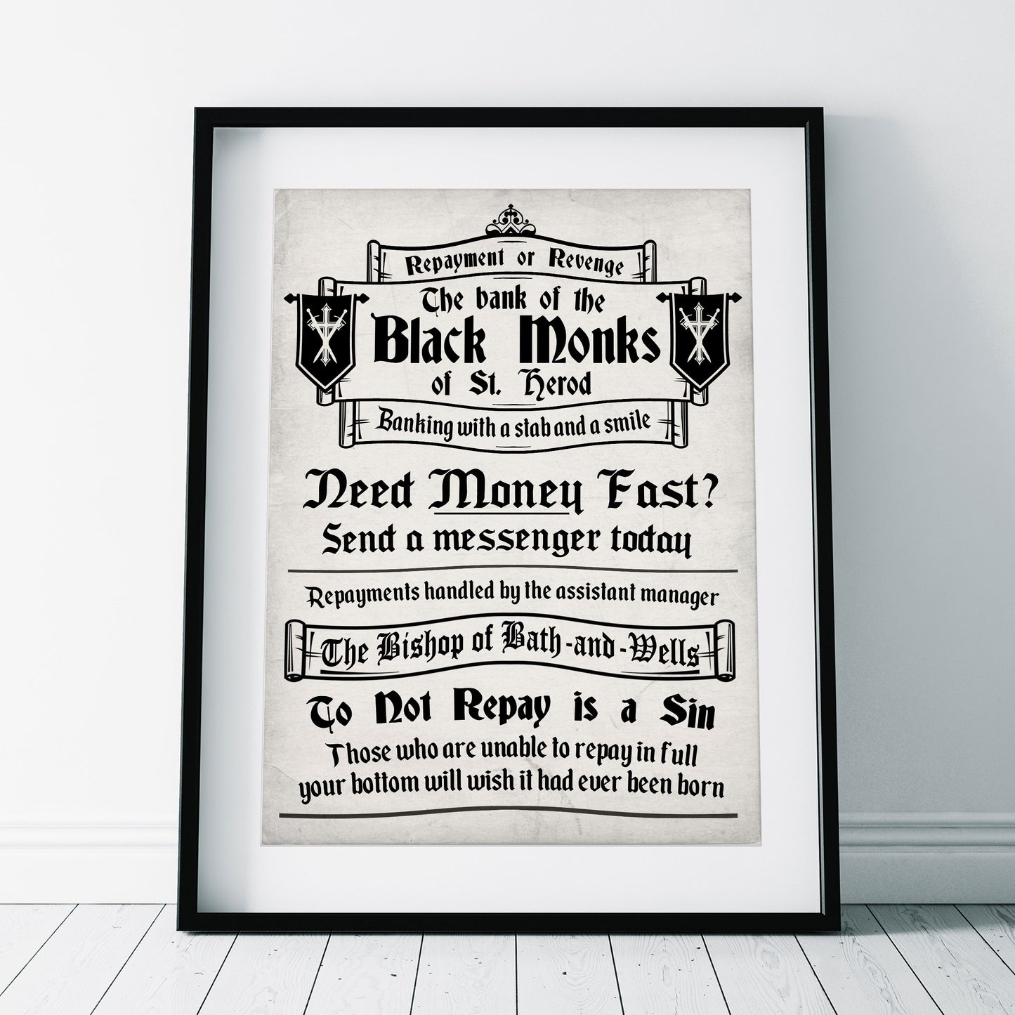 BANK OF THE BLACK MONKS Money Lending Advert, Blackadder Print