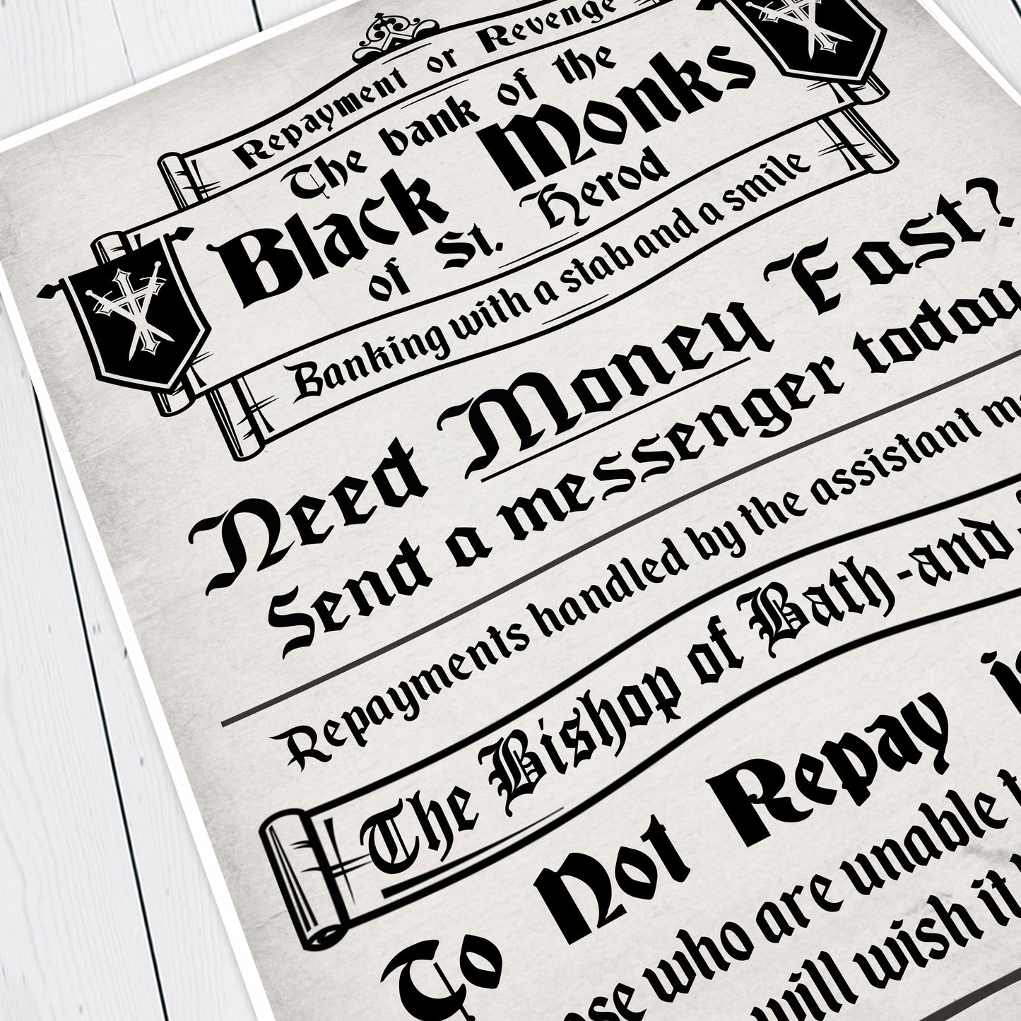 BANK OF THE BLACK MONKS Money Lending Advert, Blackadder Print