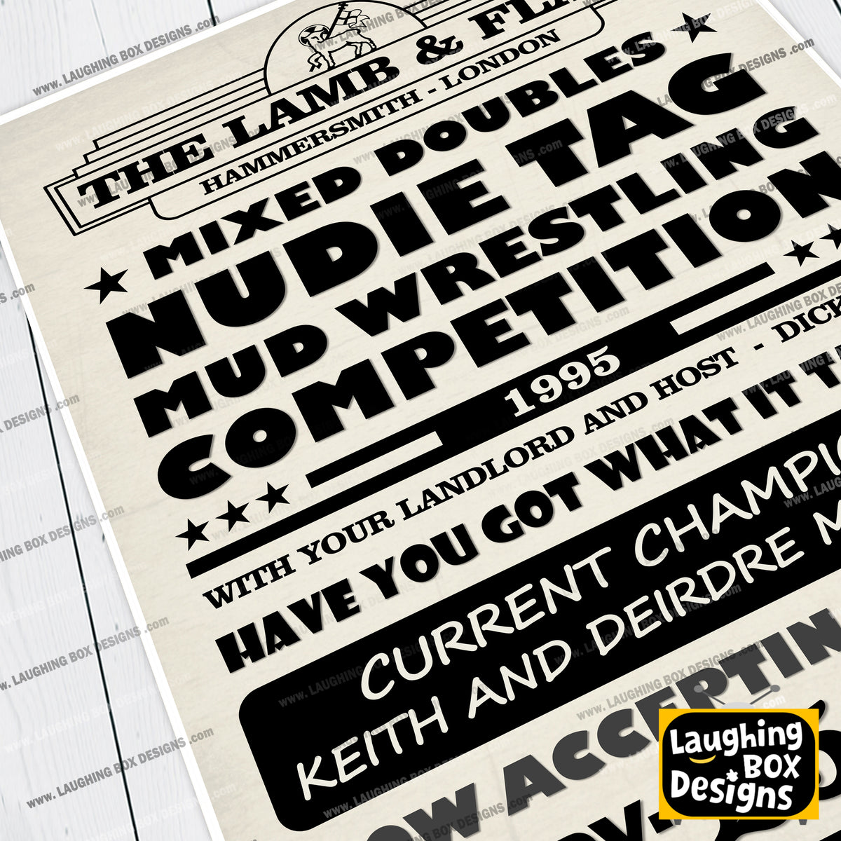 MIXED DOUBLES NUDIE TAG MUD WRESTLING COMPETITION Lamb and Flag Pub Boster. Bottom Print