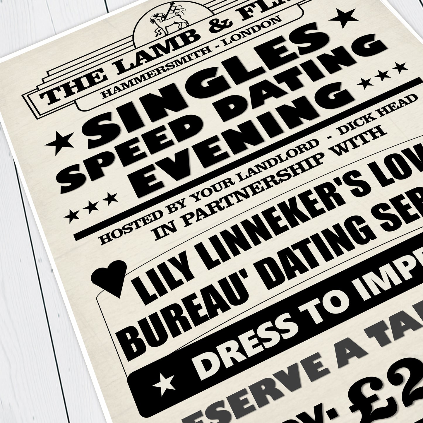 LILY LINNICKERS LOVE BUREAU, SPEED DATING EVENING Lamb and Flag Pub Boster. Bottom Print
