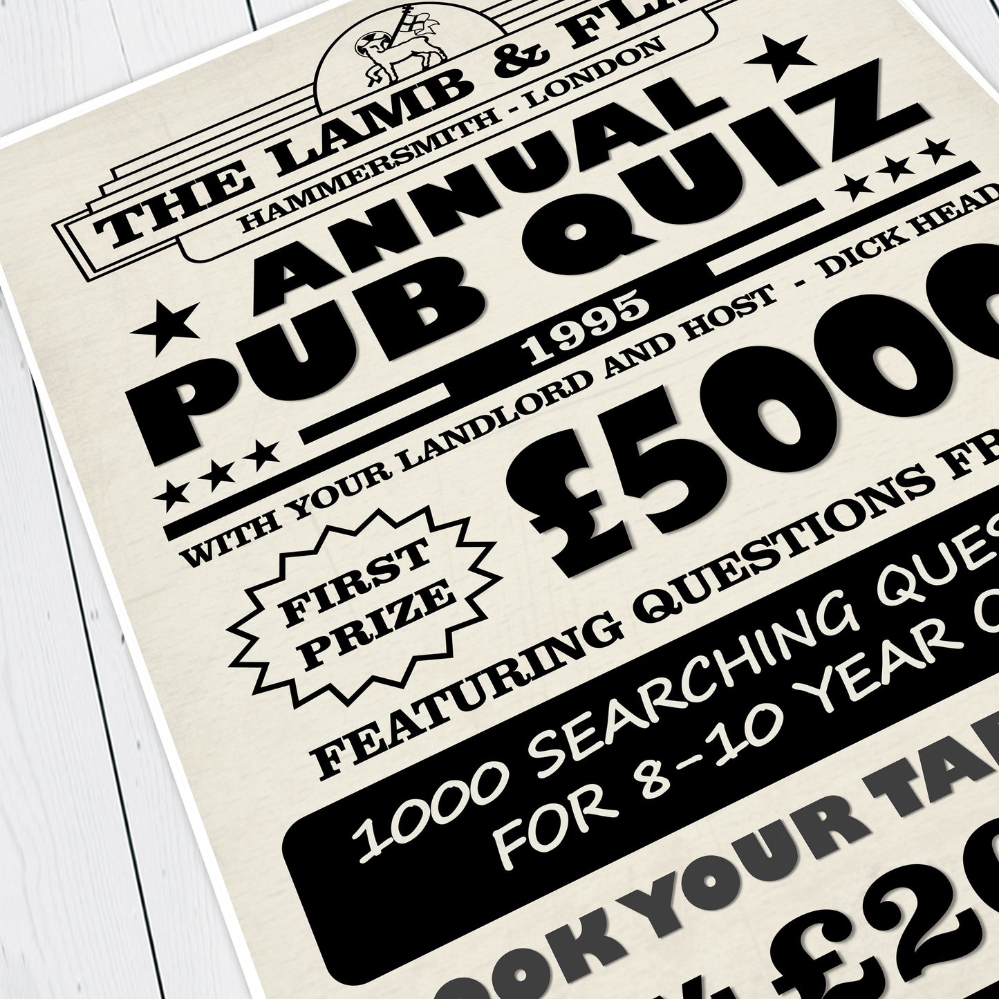 ANNUAL PUB QUIZ, 1000 SEARCHING QUESTIONS Lamb and Flag Pub Poster. Bottom Print
