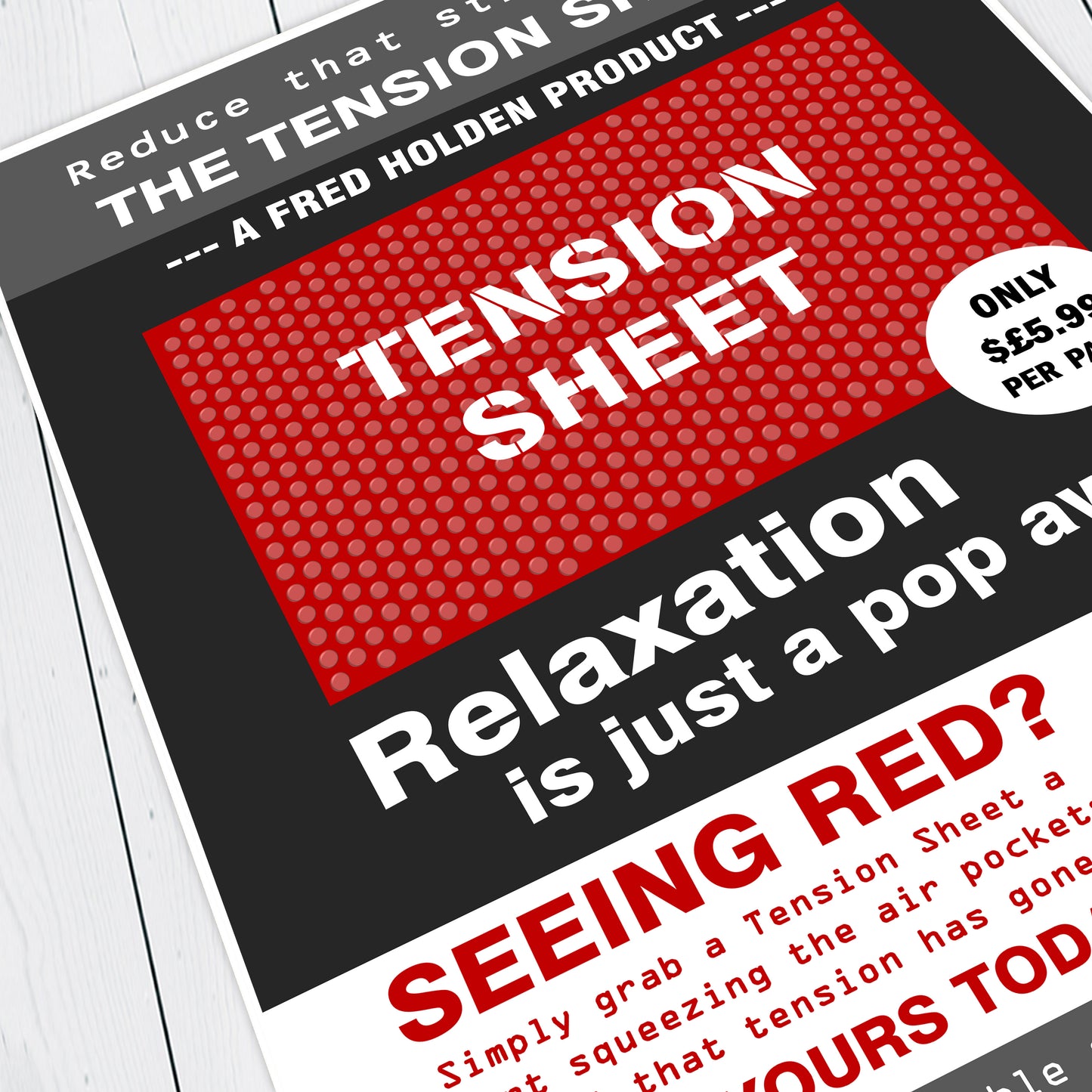 TENSION SHEET ADVERT, Relaxation Is Just A Pop Away, Red Dwarf Print