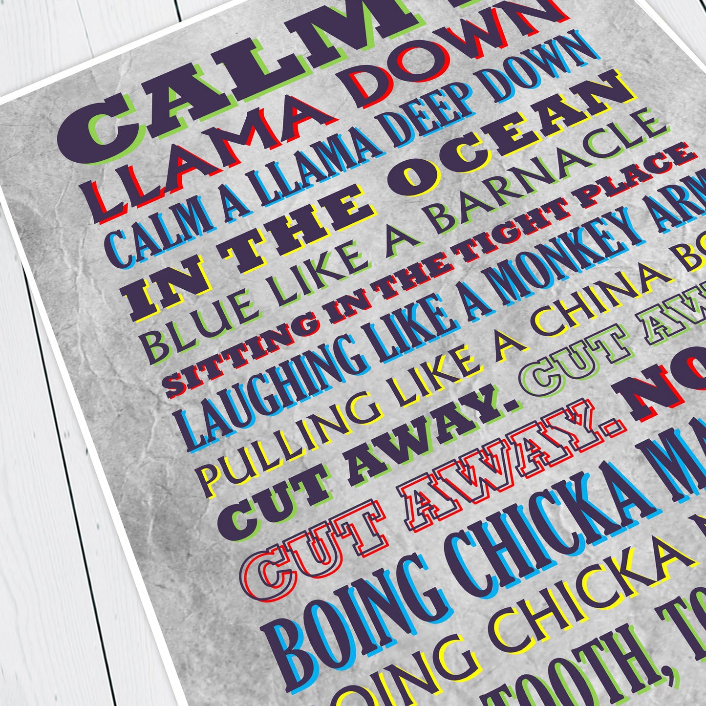 CALM A LLAMA DOWN Crimp Lyrics, The Mighty Boosh Print (2 styles available)