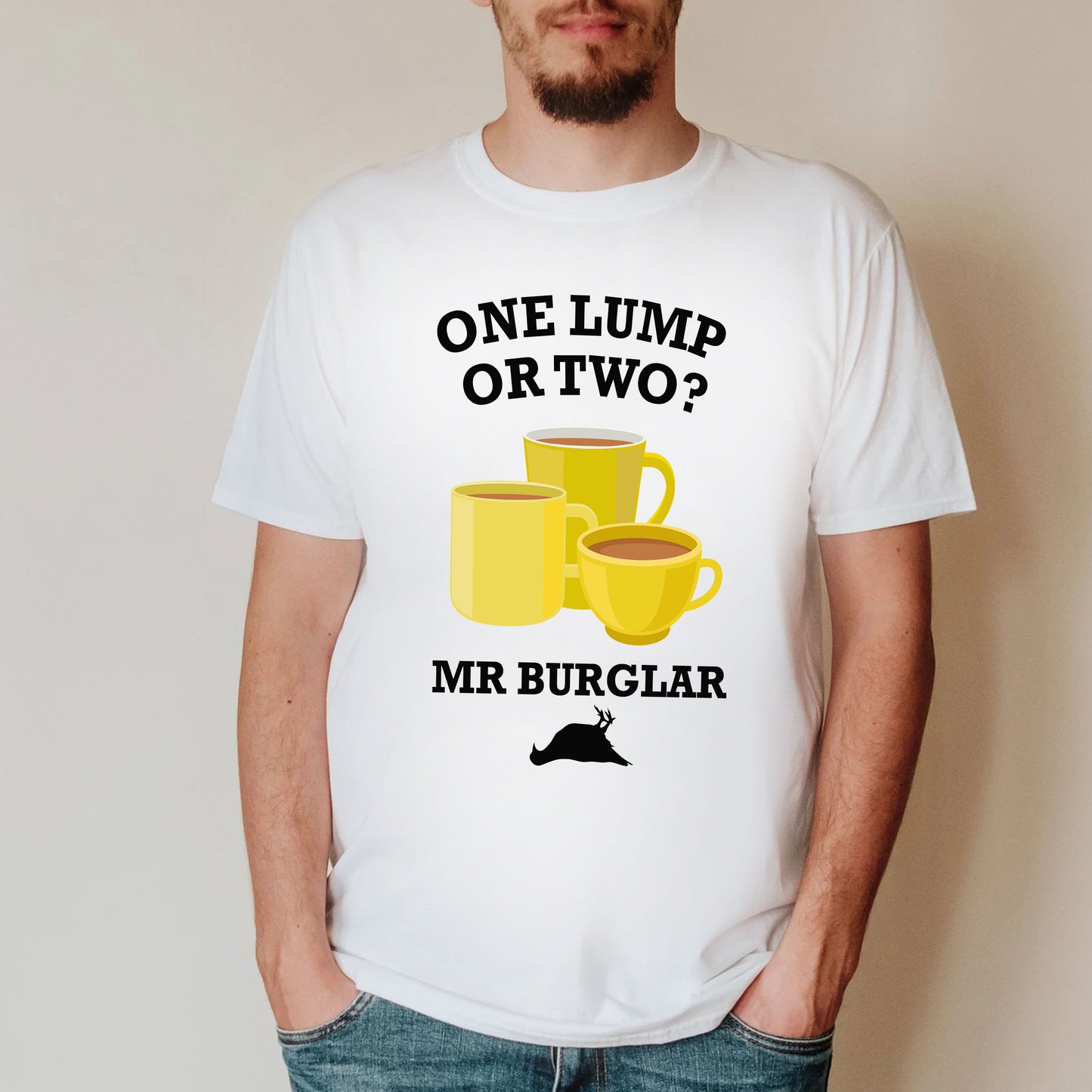 ONE LUMP OR TWO MR BURGLAR/ Three Yellow Cup - Bottom T-Shirt