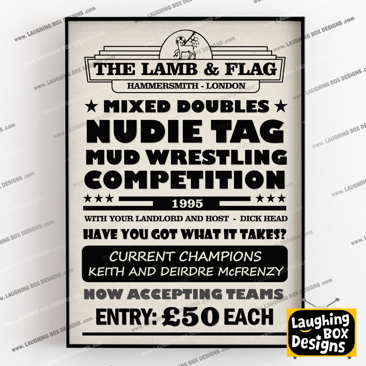 MIXED DOUBLES NUDIE TAG MUD WRESTLING COMPETITION Lamb and Flag Pub Boster. Bottom Print