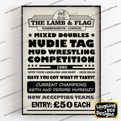MIXED DOUBLES NUDIE TAG MUD WRESTLING COMPETITION Lamb and Flag Pub Boster. Bottom Print