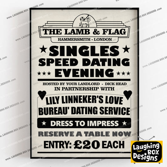 LILY LINNICKERS LOVE BUREAU, SPEED DATING EVENING Lamb and Flag Pub Boster. Bottom Print