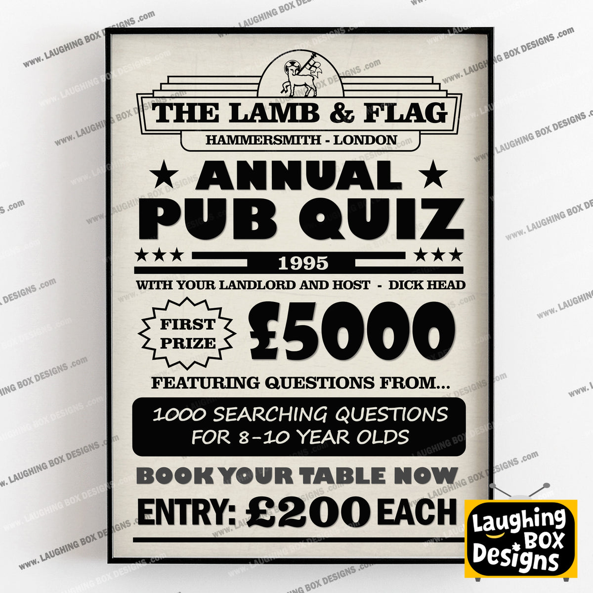 ANNUAL PUB QUIZ, 1000 SEARCHING QUESTIONS Lamb and Flag Pub Poster. Bottom Print