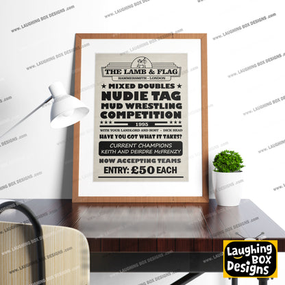 MIXED DOUBLES NUDIE TAG MUD WRESTLING COMPETITION Lamb and Flag Pub Boster. Bottom Print