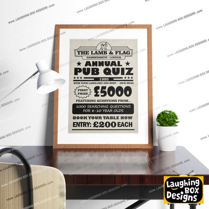 ANNUAL PUB QUIZ, 1000 SEARCHING QUESTIONS Lamb and Flag Pub Poster. Bottom Print
