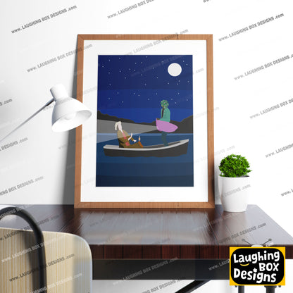FISHING ON BLACK LAKE, Old Gregg Boat Scene Artwork Poster, The Mighty Boosh Print