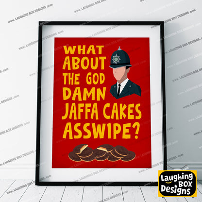 WHAT ABOUT THE GOD DAMN JAFFA CAKES ASSWIPE? Richie's Police Call, Bottom Print (Red)