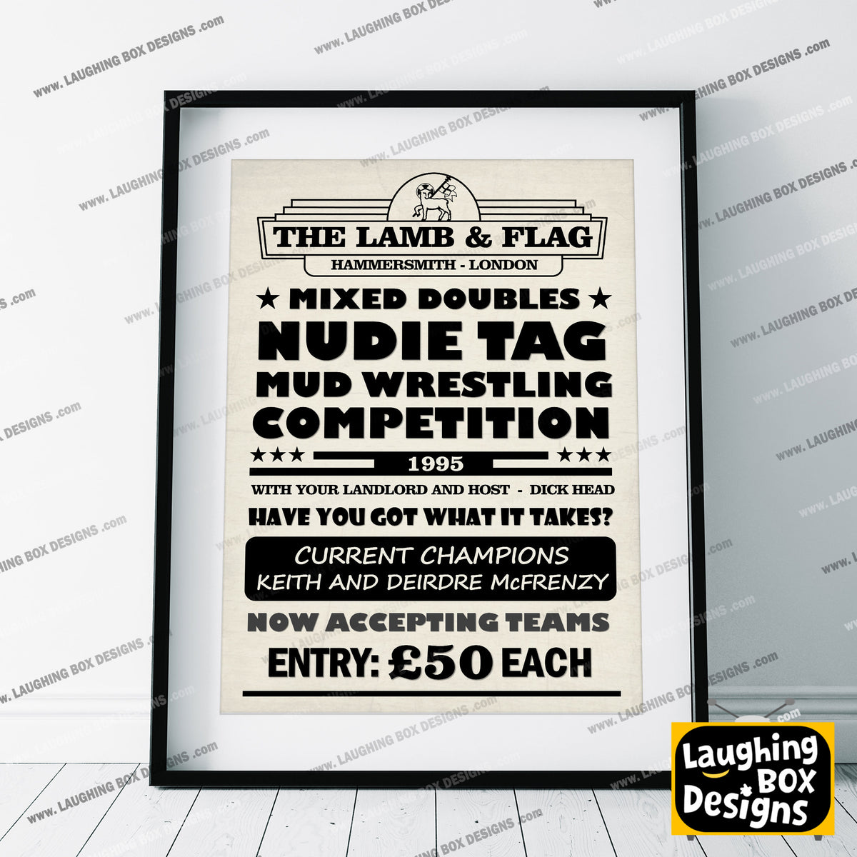 MIXED DOUBLES NUDIE TAG MUD WRESTLING COMPETITION Lamb and Flag Pub Boster. Bottom Print