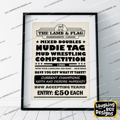 MIXED DOUBLES NUDIE TAG MUD WRESTLING COMPETITION Lamb and Flag Pub Boster. Bottom Print
