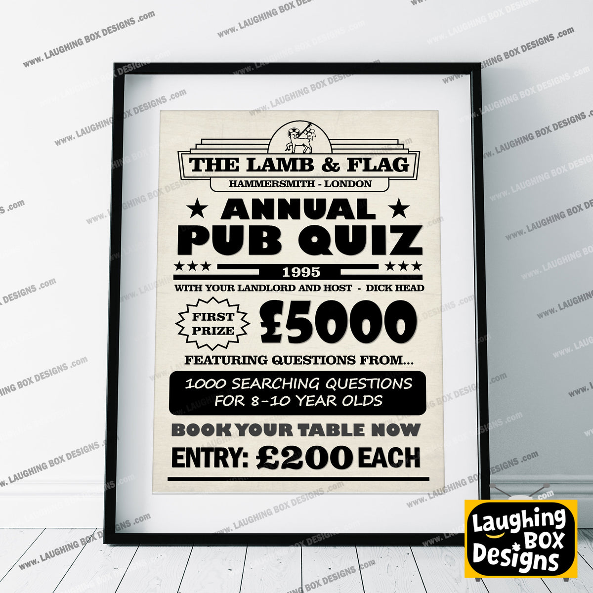 ANNUAL PUB QUIZ, 1000 SEARCHING QUESTIONS Lamb and Flag Pub Poster. Bottom Print