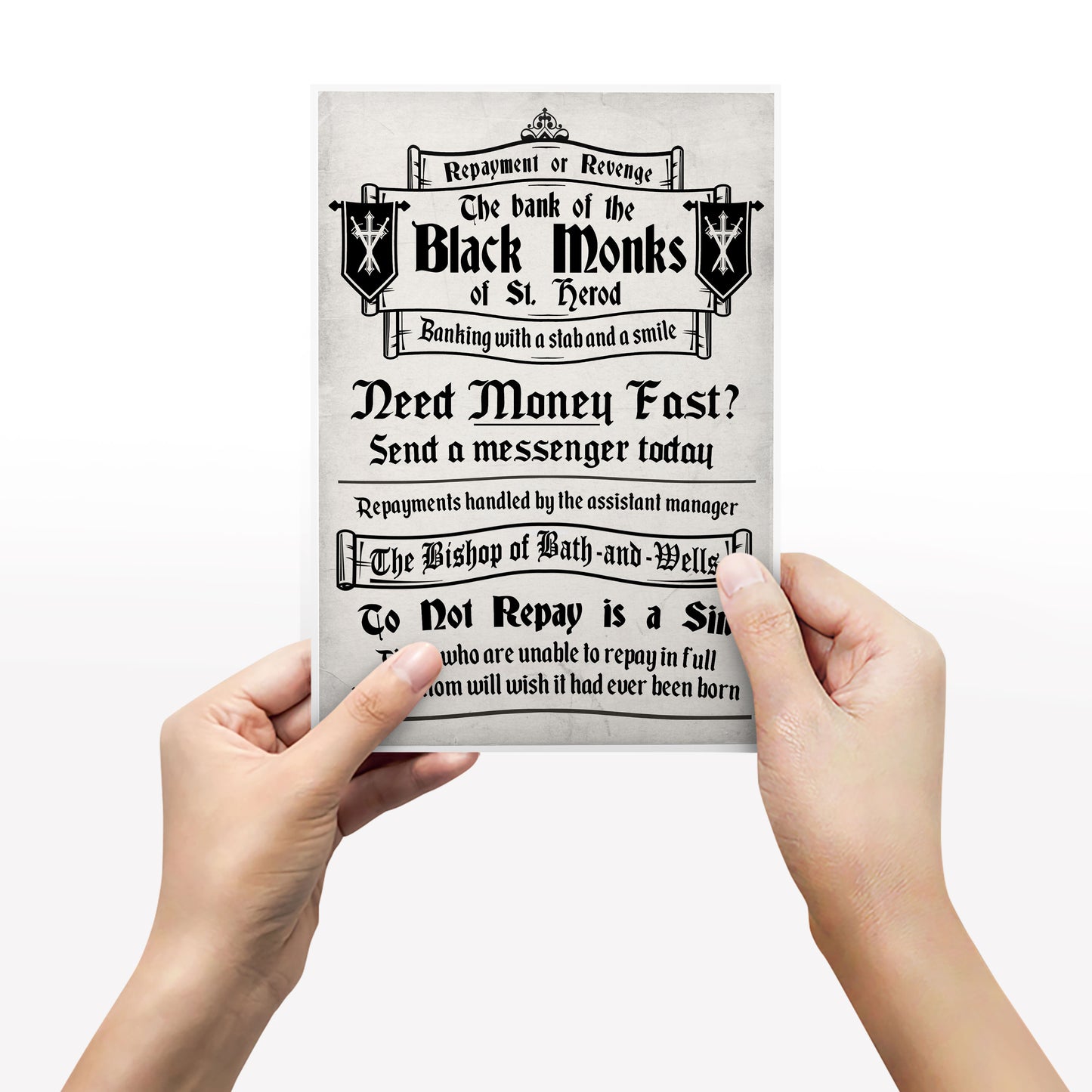 BANK OF THE BLACK MONKS Money Lending Advert, Blackadder Print