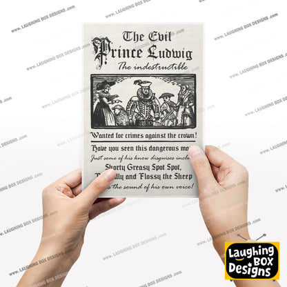 THE EVIL PRINCE LUDWIG, Wanted for crimes against the crown, Blackadder Print