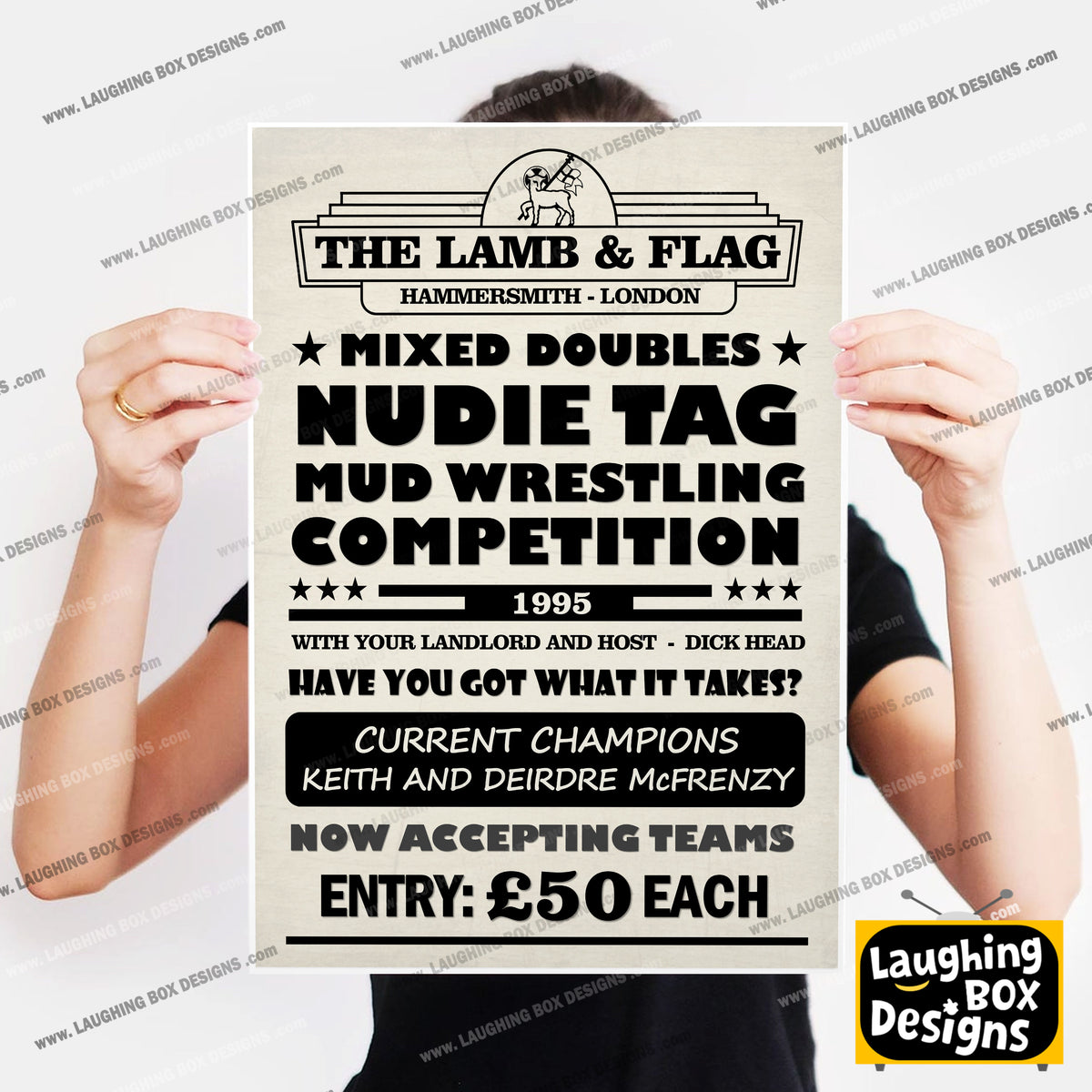 MIXED DOUBLES NUDIE TAG MUD WRESTLING COMPETITION Lamb and Flag Pub Boster. Bottom Print