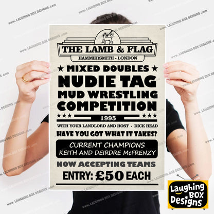 MIXED DOUBLES NUDIE TAG MUD WRESTLING COMPETITION Lamb and Flag Pub Boster. Bottom Print