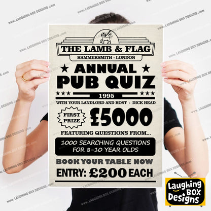ANNUAL PUB QUIZ, 1000 SEARCHING QUESTIONS Lamb and Flag Pub Poster. Bottom Print