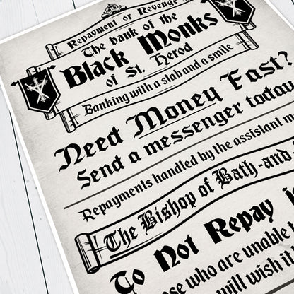 BANK OF THE BLACK MONKS Money Lending Advert, Blackadder Print