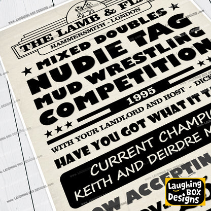 MIXED DOUBLES NUDIE TAG MUD WRESTLING COMPETITION Lamb and Flag Pub Boster. Bottom Print