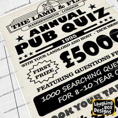 ANNUAL PUB QUIZ, 1000 SEARCHING QUESTIONS Lamb and Flag Pub Poster. Bottom Print