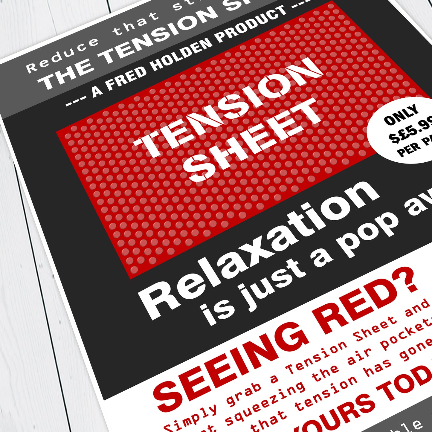 TENSION SHEET ADVERT, Relaxation Is Just A Pop Away, Red Dwarf Print